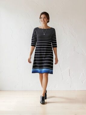 White House Black Market Black & White Striped Midi Dress with Blue Hem